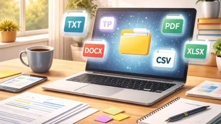 Multiple document formats supported, including TXT, DOCX, PDF, CSV and XLSX file icons