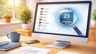 PII detection in 23 EU languages, with flags and language selector on screen