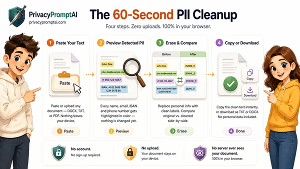 The 60-Second PII Cleanup, four steps: paste your text, preview detected PII, erase and compare, then copy or download the clean result
