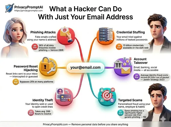 What a hacker can do with just your email address, six cyberattack vectors including phishing, credential stuffing, account takeover and identity theft