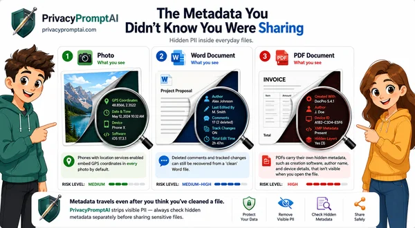 Hidden PII in Your Files, three panels revealing hidden metadata in photos, Word documents and PDFs, including GPS location, edit history and device information