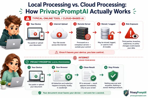 Local processing vs cloud processing, how PrivacyPromptAI keeps your document on your device while typical AI tools upload it to remote servers
