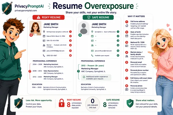 Resume Overexposure, side-by-side comparison of a risky resume exposing home address, date of birth, SSN, marital status and photo versus a safe resume with those fields removed